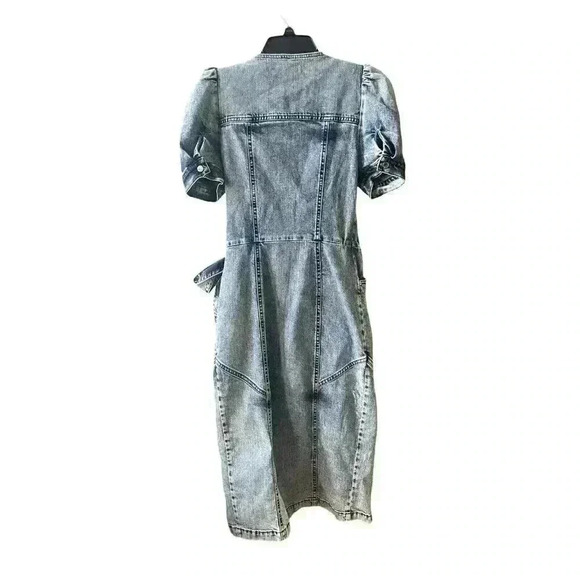 NEW Retrofete Zelda Wrap Dress Sienna Blue Denim V-Neck Puff Sleeve Sz XS - Picture 8 of 15
